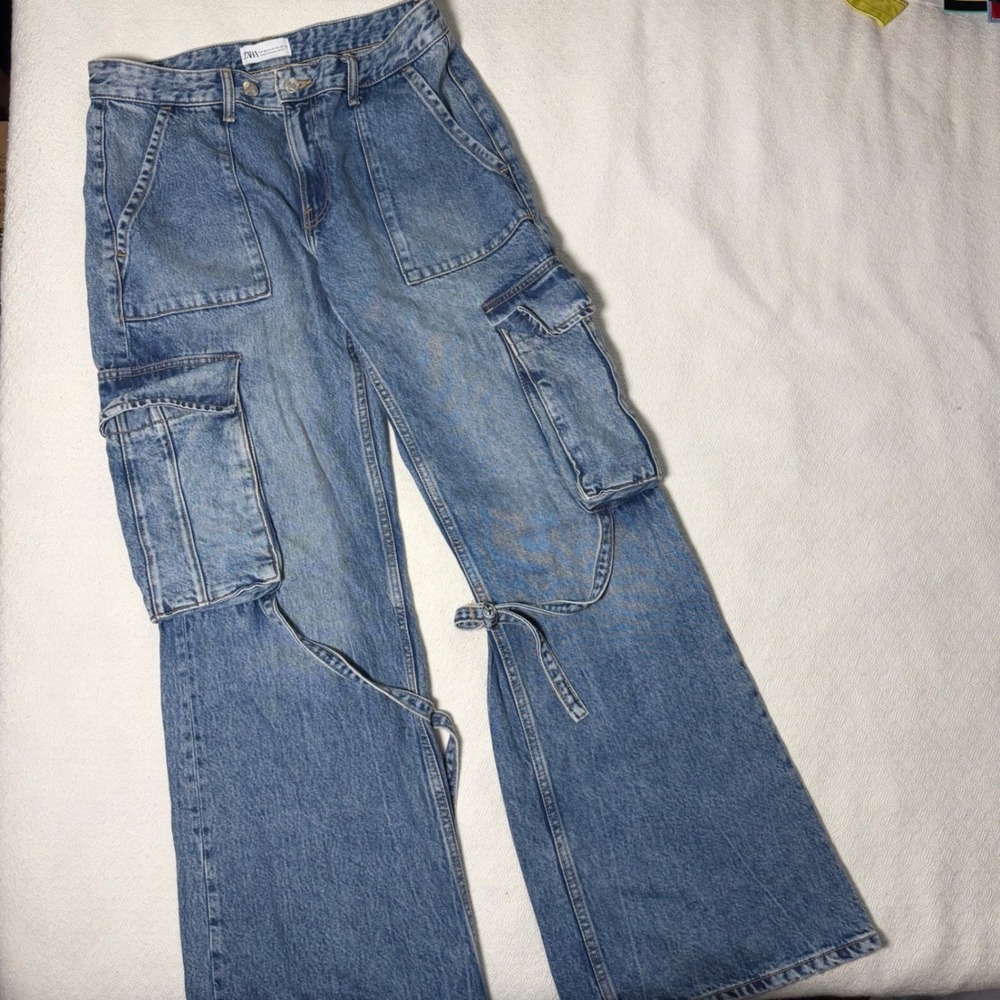 Zara TRF Cargo Jeans Blue Wide Leg Flare Utility Denim Size 6 US 28 MEX